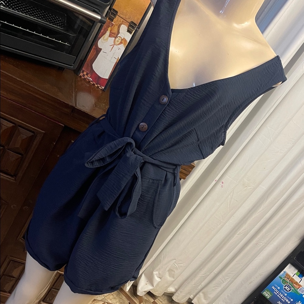 Navy Sleeveless V-Neck Tie-Waist Romper